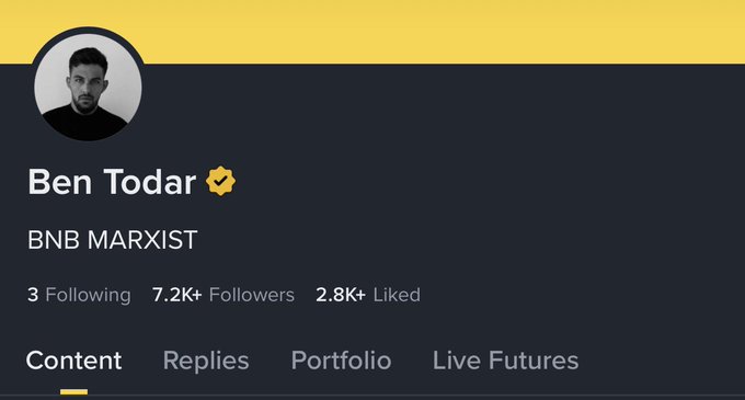 A profile page for 'Ben Todar' with a verification checkmark, displaying the username 'BNB MARXIST' and stats showing 7.2K+ Followers and 2.8K+ Liked.