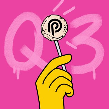A yellow cartoon hand holding a lollipop with a 'P' symbol on it, set against a pink background with graffiti-style 'Q3' text.