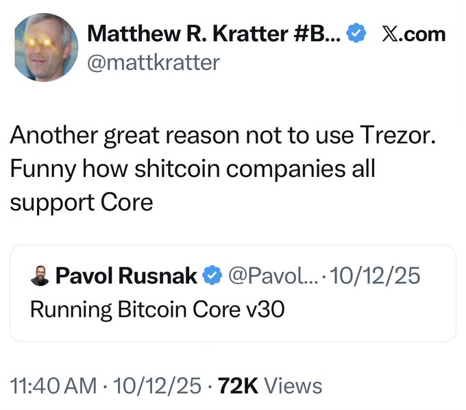 A tweet from Matthew R. Kratter (@mattkratter) criticizing Trezor, quoting Pavol Rusnák's post about running Bitcoin Core v30.