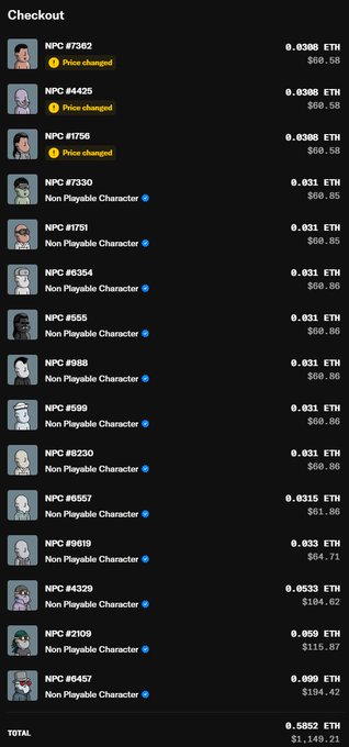 A digital checkout screen lists various 'Non Playable Character' NFT items priced in ETH, totaling 5,852 ETH or $1,143.21.