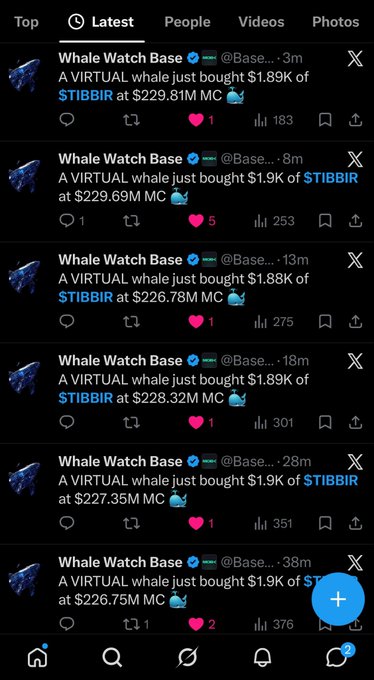 A Twitter feed showing multiple recent posts from "Whale Watch Base" reporting large purchases of $TIBBIR (approximately $1.88K-$1.9K) at prices around $226-229M MC.