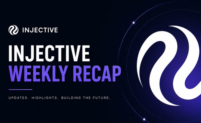 The image features a poster with a large white swirl logo, which is the main focus of the image. The text "Injective Weekly Recap" is written below the logo, indicating that this is an update or summary of something related to the Injective platform. The poster also includes some numbers and words about the number of users, revenue, and other relevant information.