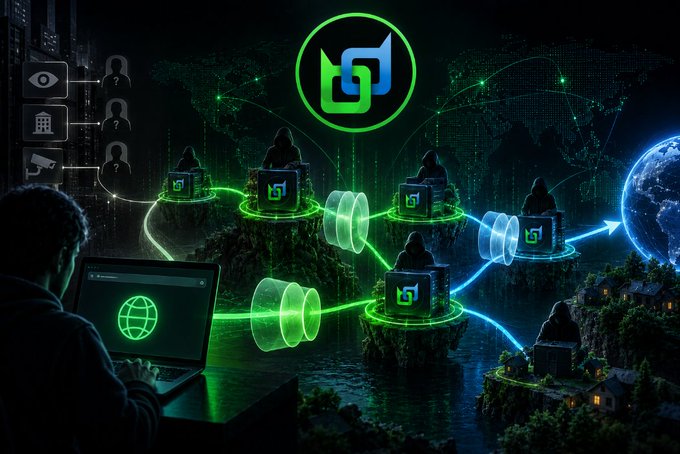 A dark digital illustration showing a hooded figure at a laptop connected via glowing green lines to multiple hooded figures at computers, suggesting a hacking or cyber network.