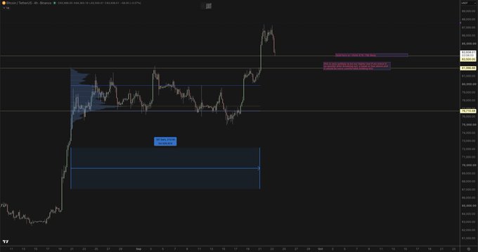 A Bitcoin/USD (BTCUSD) trading chart on TradingView with annotation boxes and text noting 'MANIPULATION FOR 50 SMA' and 'THE BIG MOVE FROM 76K TO 90K TO 67K... IT IS CALLED MANIPULATION'.