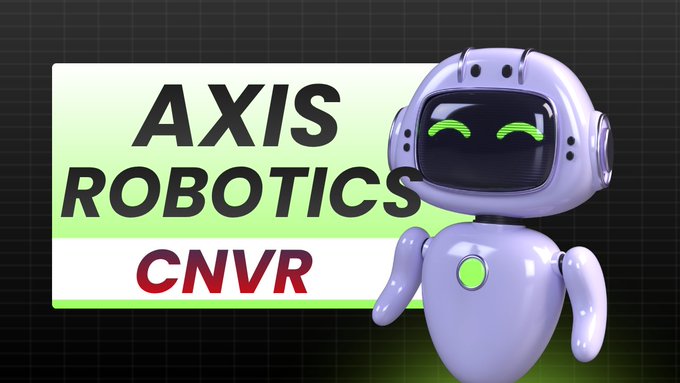 A 3D-rendered promotional image featuring a small white and purple robot with green digital eyes next to text reading "AXIS ROBOTICS" and the ticker "CNVR" on a green background.