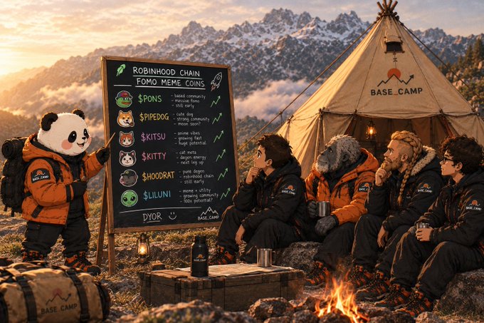 A digital illustration depicting a panda in mountaineering gear presenting a 'Robinhood Chain Fomo Meme Coins' chalkboard at a base camp to a group of climbers around a campfire.