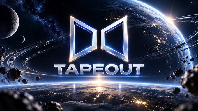 A promotional graphic featuring a glowing metallic bowtie-shaped logo with the word 'TAPEOUT' displayed in silver text against a space-themed background with Earth and asteroids.