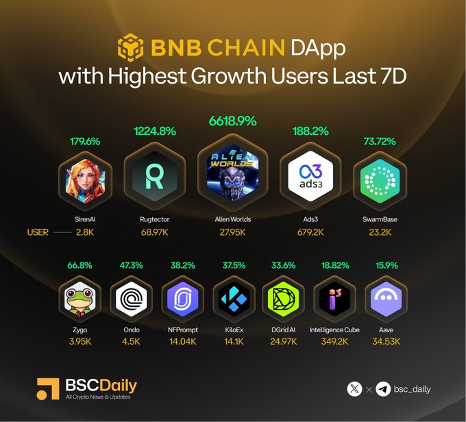 The image features a poster with various logos, including one for BNB Chain DApp and other logos related to cryptocurrency and gaming. The poster also includes some numbers and statistics about the growth of users on the app over time.