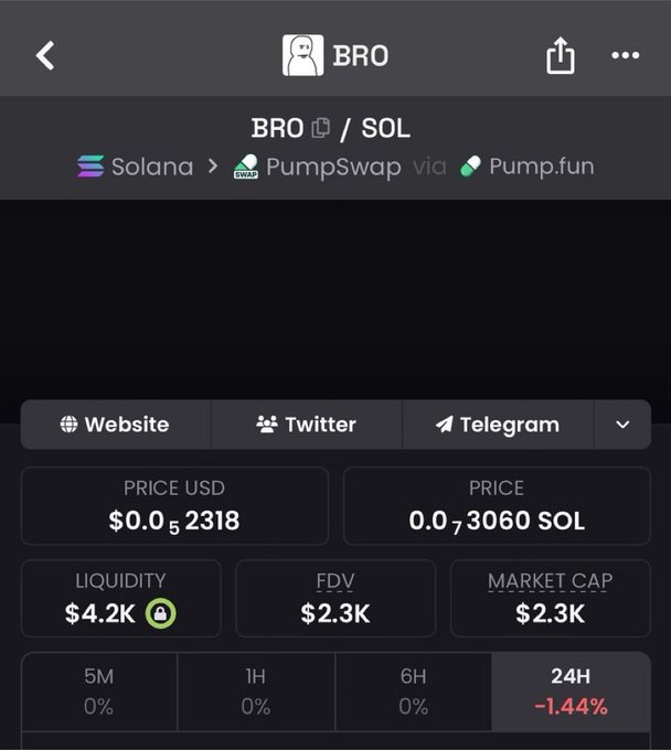 A cryptocurrency tracking app screenshot displaying information for a token called "BRO / SOL" on the Solana network via PumpSwap, showing a price of $0.05 and liquidity of $4.2K.