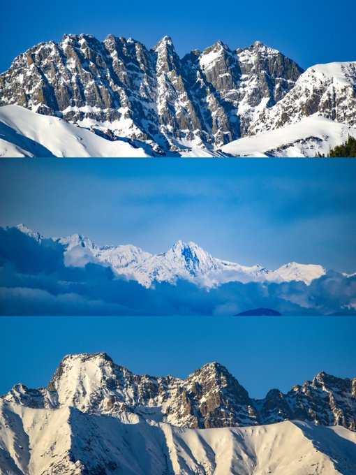 Three stacked photos of snow-capped mountain ranges under clear blue skies.