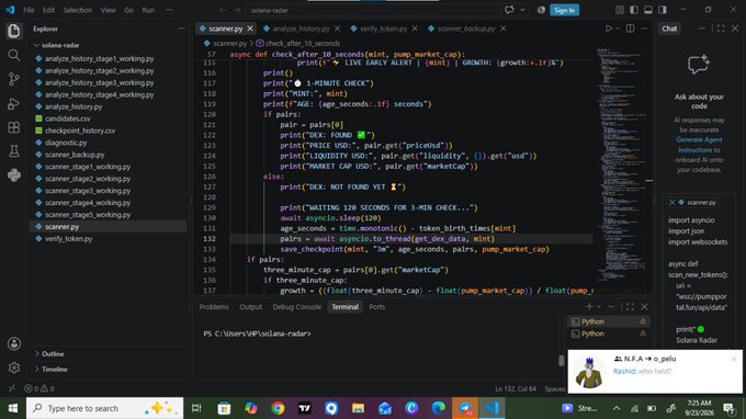 A screenshot of Visual Studio Code showing a Python script named 'scanner.py' for 'solana-radar' that performs asynchronous def check_after_30_seconds using pump_market_cap and prints market growth data.