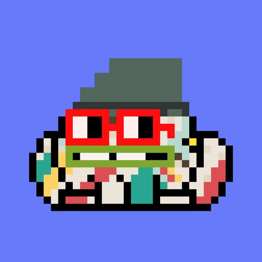 A pixel art rendering of a Squirtle character with red glasses and a green mouth line on a blue background.