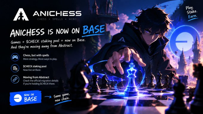 A promotional banner for 'ANICHESS' announcing it is now on Base, featuring an anime-style character and text highlighting chess with spells, a $CHECK staking pool, and migration from Abstract.