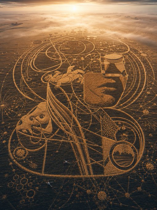 An aerial photograph of a massive, intricate piece of crop art in a field depicting a face, geometric patterns, and figures, illuminated by a golden sunset.