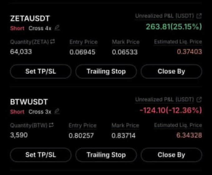 A cryptocurrency trading interface displaying two short positions: ZETAUSDT (Short, Cross 4x, 64,033 ZETA) showing an unrealized P&L of +263.81 USDT (25.15%) with entry price 0.06945 and mark price 0.06533, and BTWUSDT (Short, Cross 3x, 3,590 BTW) showing an unrealized P&L of -124.10 USDT (-12.36%) with entry price 0.80257 and mark price 0.83714.