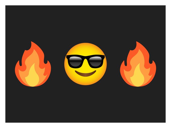 Digital emoji-style graphic featuring a smiling face wearing sunglasses flanked by two orange and yellow flames on a black background.