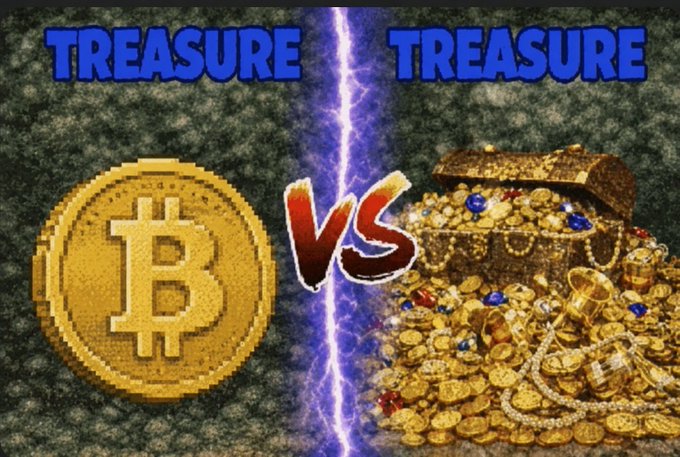The image features a large golden coin with a Bitcoin symbol on it, surrounded by an array of gold coins and jewels. The caption below the image reads "No debate needed. Trade the new gold for the young, and the real gold on #MEXC right now." This message suggests that the value of the gold in the image is related to Bitcoin or cryptocurrency, possibly indicating a market opportunity or a speculative investment.