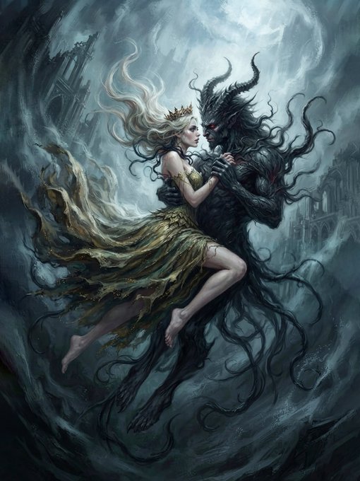 A dark fantasy painting depicting a pale, crowned woman in a flowing greenish dress being held by a horned, shadowy demonic figure with red eyes, set against a gothic, ethereal backdrop.