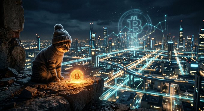 A kitten wearing a knit beanie sits on a rocky ledge beside a glowing Bitcoin coin, overlooking a futuristic neon-lit cityscape with the Bitcoin logo hovering in the sky.