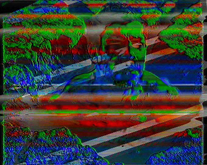 A heavily glitched, color-distorted image with red/cyan offset, scanlines, and a figure-like form rendered in greens, blues, and reds.