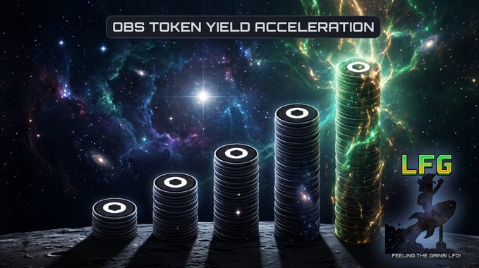 A digital graphic titled 'OBS TOKEN YIELD ACCELERATION' showing growing stacks of tokens against a space background with the 'LFG' logo.