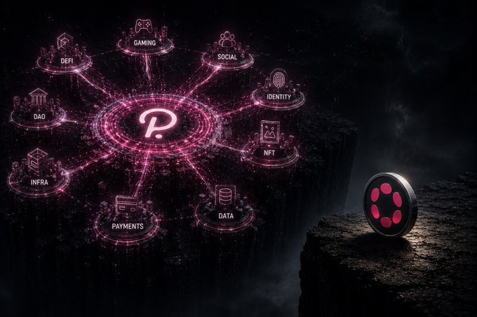 A dark, futuristic graphic showing a glowing pink interconnected web of categories (DeFi, Gaming, Social, Identity, NFT, Data, Payments, Infra, DAO) surrounding a central "P" logo, with the same logo displayed on a physical token-like object on a rocky cliff edge.