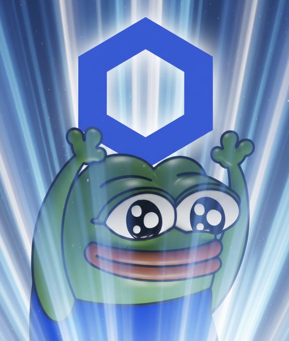 An excited Pepe-style cartoon frog with raised arms beneath a blue Chainlink (LINK) hexagon logo, set against a dramatic background of bright light rays.