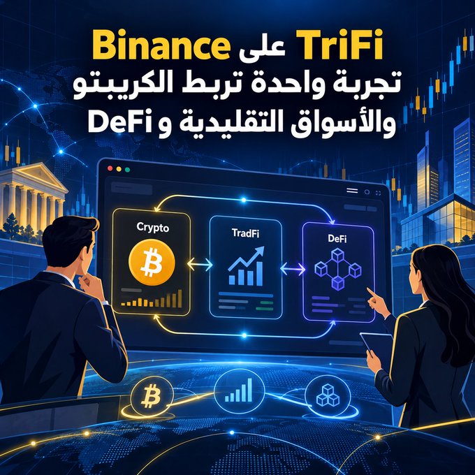 A digital illustration shows two professionals analyzing a screen displaying interconnected "Crypto" (with Bitcoin logo), "TradFi" (with rising chart), and "DeFi" (with blockchain cubes) modules, with Arabic text reading "Binance TriFi تجربة واحدة تربط الكريبتو والأسواق التقليدية وDeFi" (Binance TriFi: one experience connecting Crypto, TradFi, and DeFi markets). The image visually represents the post's concept of TriFi as a unified framework bridging cryptocurrency, traditional finance, and decentralized finance into a single integrated system.