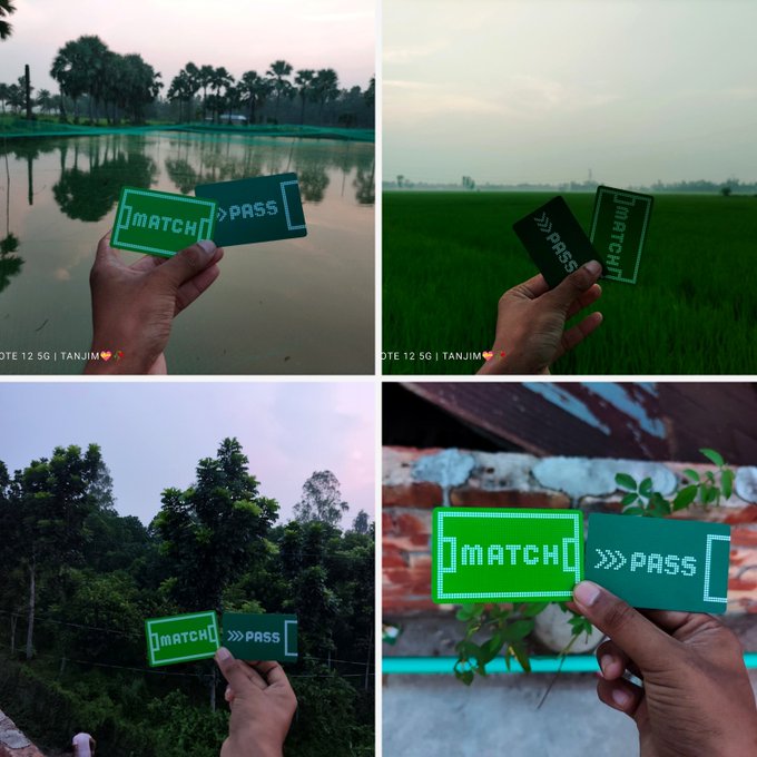 A collage of four photos showing a hand holding a green 'MATCH PASS' card in various outdoor settings including a pond, a green field, a forested area, and near a brick wall, credited to 'TANJIM'.