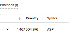 A table titled 'Positions (1)' showing a single position with a quantity of 1,467,504.976 and the symbol ASPI.