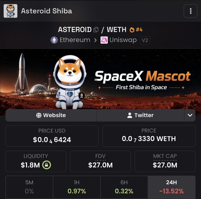 A screenshot of the Asteroid Shiba ($ASTEROID/WETH #4) token page on Uniswap V2 (Ethereum), showing a price of $0.00046424, liquidity of $1.8M, FDV and market cap of $27.0M, and 24H performance of -13.52% alongside its "SpaceX Mascot – First Shiba in Space" branding. The image illustrates the post's suggestion of holding an $ETH memecoin like $ASTEROID for the next bull run, by displaying its current trading metrics on Uniswap.