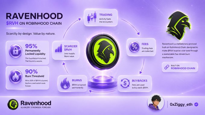 A promotional infographic for 'RAVENHOOD $RVH ON ROBINHOOD CHAIN' with the tagline 'Scarcity by design. Value by nature,' detailing features like 95% permanently locked liquidity, a 90% burn threshold, and a fee-driven buyback mechanism. The design uses a purple background with a green raven-hooded logo, attributing the post to '0xZiggy.eth'.