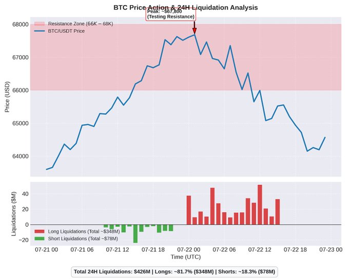 A BTC Price Action & 24H Liquidation Analysis chart showing BTC/USDT price peaking around $67,900 within a 66K-68K resistance zone, with a bar chart below displaying $426M total liquidations ($348M longs, $78M shorts).