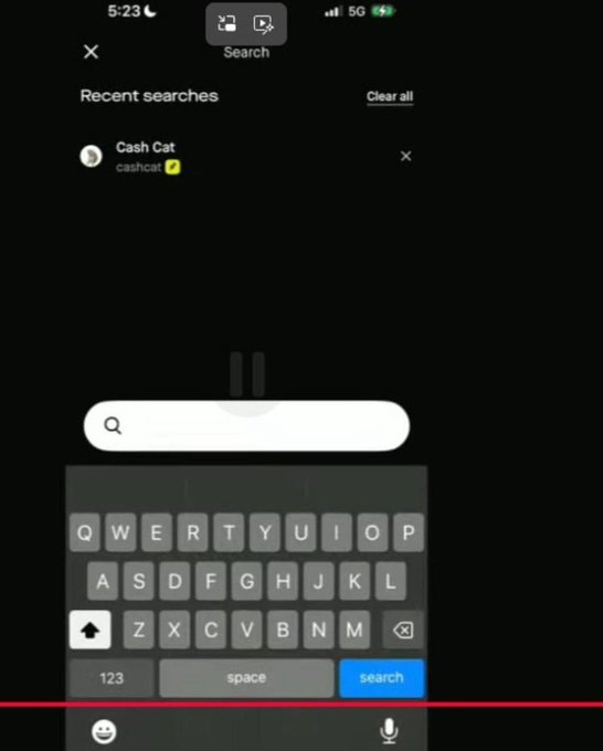 A mobile phone screenshot showing a Twitter search page with a recent search for 'Cash Cat' (cashcat with a verified checkmark) and the on-screen keyboard visible.