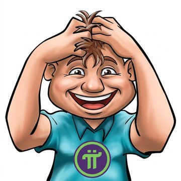 A cartoon man scratches his head in a bewildered smile, wearing a teal shirt featuring the Pi Network (π) logo, perfectly capturing the post's theme of "Pioneers" caught between patient belief and frustrated realism.