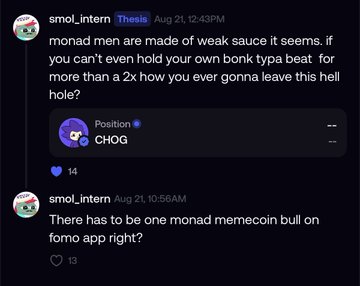 A screenshot of a Discord channel from smol_intern in #thesis discussing the $CHOG memecoin on Monad, with posts about "monad men" and holding bonk-type beats, showing 14 and 13 reactions respectively. The image displays the original messages that prompted the accompanying commentary about retaining whales versus falling back into mediocrity in the memecoin space.