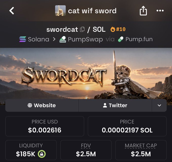 A cryptocurrency trading screenshot for 'swordcat' on Solana/PumpSwap via Pump.fun, showing a price of $0.002616 USD / 0.00002197 SOL, with $185K liquidity, $2.5M FDV, and $2.5M market cap.