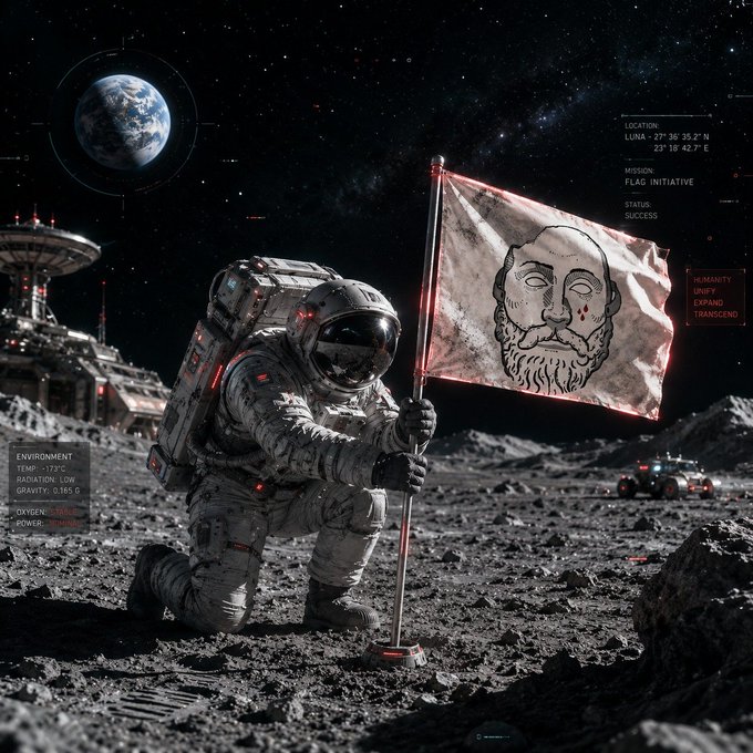 An astronaut in a white spacesuit kneels on the lunar surface planting a weathered flag bearing a bearded face, with Earth visible in the starry sky and HUD overlays showing 'LUNA', 'FLAG INITIATIVE', and mission status.