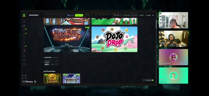 A computer screen displays a Discord server called 'APEX&KIRIN' featuring 'GIMBOZ GALAXY' and 'Doto DROP' game promotions, with a video call showing multiple participants on the right side.