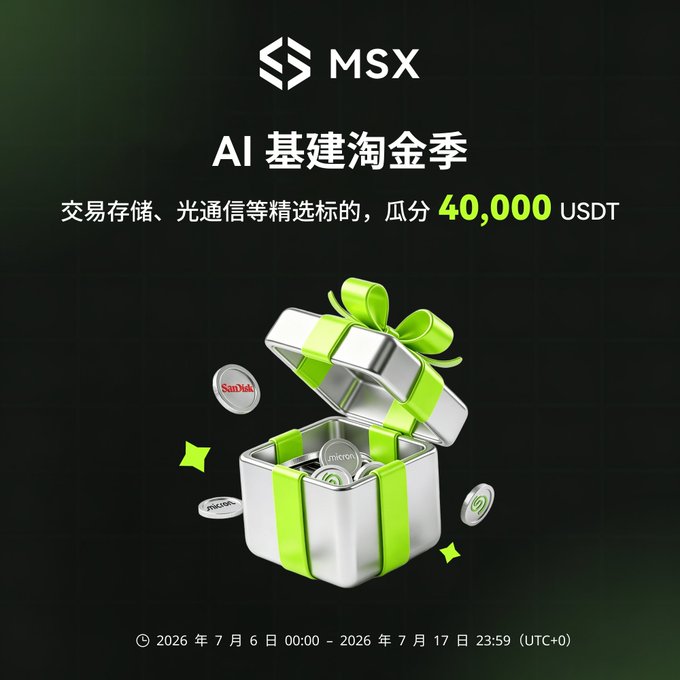 An MSX promotional graphic for 'AI 基建淘金季' (AI Infrastructure Gold Rush Season), offering to share 40,000 USDT across selected targets like trading storage and optical communications, running from July 6 to July 17, 2026.