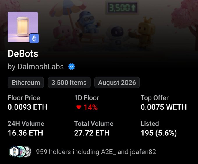 The image shows a NFT collection overview for "DeBots" by DalmoshLabs on Ethereum, featuring 3,500 items with a floor price of 0.0093 ETH (down 14% in 1D), 24H volume of 16.36 ETH, and 195 items listed, which relates to the post's discussion of presale users dumping the floor price after receiving an airdrop, suggesting a potential pump once the paperhands exit.