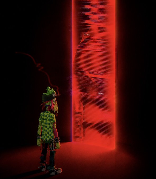 A dark, cyberpunk-style image showing a figure in a green and black checkered hoodie standing in a dark space, looking toward a glowing red rectangular portal with the words 'STILL' and 'HERE' faintly visible inside.