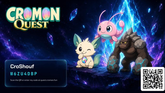 Promotional image for "Cromon Quest" featuring three creature characters against a cosmic crystal background, with a referral code "W6ZU4DBP" for user "CroShouf" displayed alongside instructions to scan the QR code or visit quest.cromon.fun. The image visually showcases the NFT collection and battle elements highlighted in the post, while providing the referral code needed to join using CroShouf's link.
