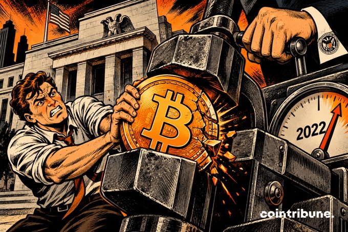 A comic-style illustration showing a man struggling to hold a Bitcoin coin against a crushing press, with the U.S. Federal Reserve building and a pressure gauge reading "2022" in the background, branded with "cointribune."