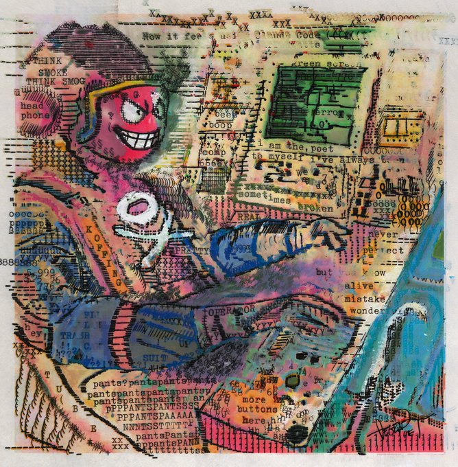 An abstract mixed-media collage artwork featuring a pink grinning figure surrounded by various fragmented text including 'THINK SMOG', 'am the poet to myself', 'TOLERATOR', and 'pants?' over a colorful, layered background.