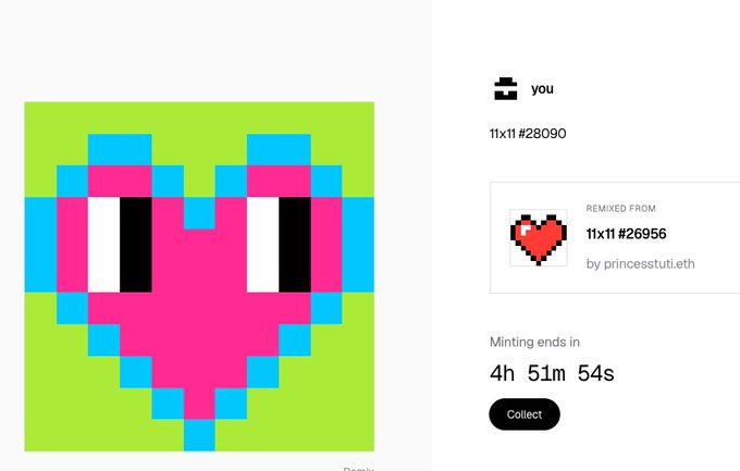 NFT minting page for an 11x11 pixel art piece (#28090), showing it was removed from collection 11x11 #26956 by princessstuti.eth, with 4h 51m 54s remaining.