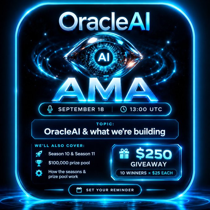 A futuristic neon-blue promotional graphic for the OracleAI AMA, featuring a glowing eye/AI emblem and detailing the September 18 at 13:00 UTC event covering OracleAI's development, Season 10 & 11, and a $100,000 prize pool, alongside a $250 giveaway for 10 winners.