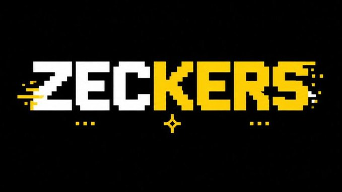A pixel-art style logo reading 'ZECKERS' in white and yellow text on a black background, with glitch-like effects on the edges.
