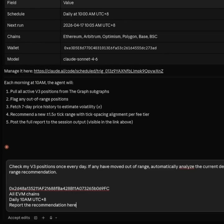 A screenshot of a Claude Code scheduled task configuration for automated Uniswap V3 LP position monitoring, showing a daily 10:00 AM UTC+8 schedule across Ethereum, Arbitrum, Optimism, Polygon, Base, and BSC chains, using wallet 0xe3D5E8d77DC4031013E6fa53c26164555dc273ad and the claude-sonnet-4-6 model, with a natural language prompt instructing the agent to check V3 positions, analyze out-of-range conditions, and recommend a new ±1.5σ tick range. The image illustrates the post's theme by demonstrating how the okx-defi-invest Skill automates LP position surveillance and rebalancing recommendations.
