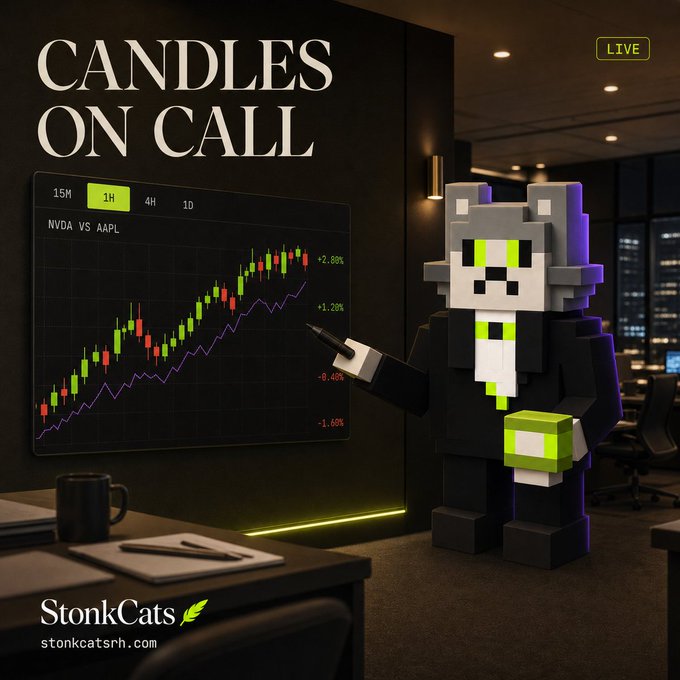 Another StonkCats promotional image featuring a pixelated cat character pointing at a chart showing 'NVDA VS AAPL' with the text 'CANDLES ON CALL'.